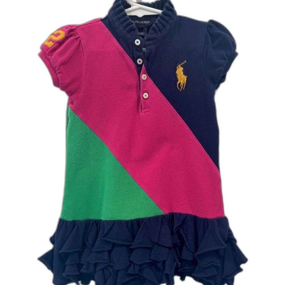 Ralph Lauren 24M Color block Polo Dress Pink Green Ruffle Hem